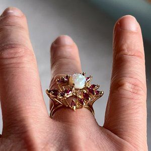 Gorgeous opal with rubies ring, size 5.75
